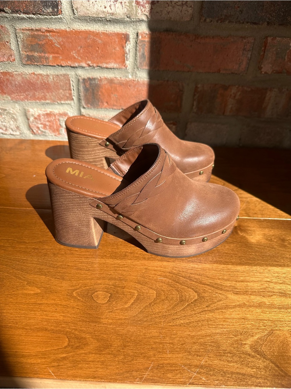 MIA Brown Leather Platform Clogs
